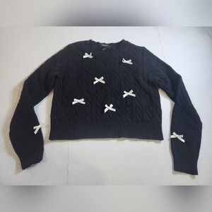 Arden Black Cable-Knit Crewneck Sweater with Cream/ White Bow Accents